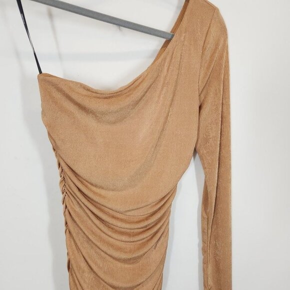 NWT Forever 21 Ruched One-Shoulder Dress in Tan Size Large - Picture 3 of 11
